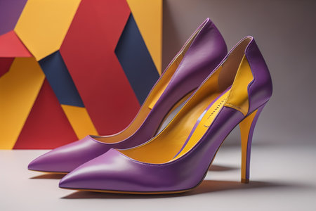 High heel women shoes on a background of colorful geometric shapes. generative aiの素材