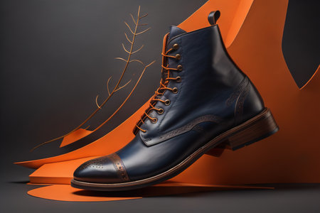 Stylish black leather men's shoes on a dark background with orange paper. generative aiの素材