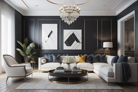 Luxury living room interior with black walls, wooden floor, white sofa, coffee table and armchairs. generative aiの素材