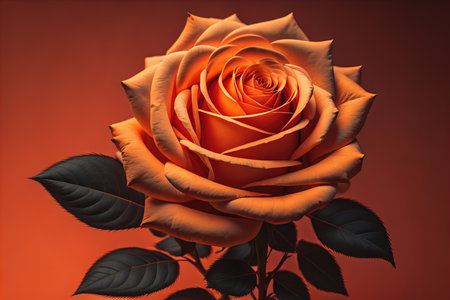 Beautiful orange rose on a red background. Close-up. generative aiの素材