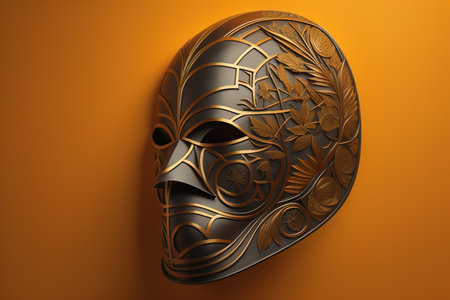 metal mask with floral ornament on orange background. generative aiの素材