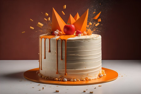 Birthday cake with orange paper crown and confetti on the top. generative aiの素材
