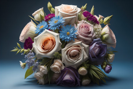 Beautiful bouquet of flowers on a blue background. generative aiの素材
