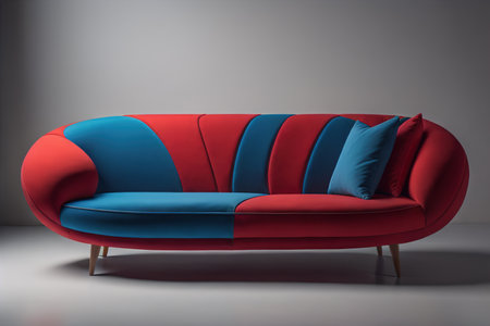 Red sofa with blue pillows on grey background. generative aiの素材