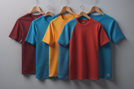 Colorful t-shirts hanging on hangers, generative aiの素材