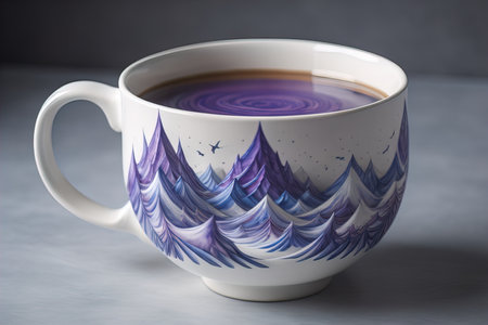 Cup of tea with abstract patterns on a gray background, close up. generative aiの素材