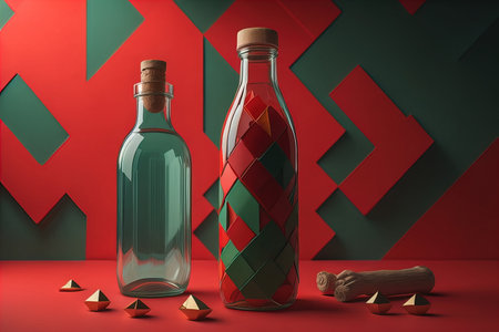Bottle of rum on red background with geometric shapes. generative aiの素材