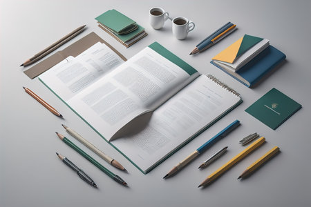 Top view of various stationery on grey background. generative aiの素材