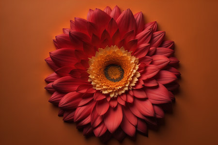 Beautiful red gerbera flower on orange background, top view. generative aiの素材