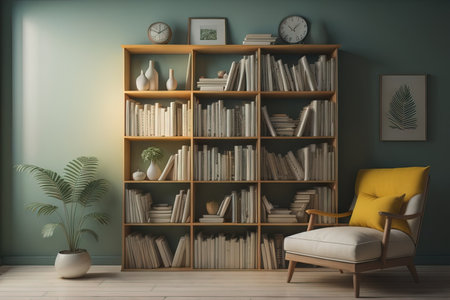 Bookshelf with books and armchair in living room. generative aiの素材