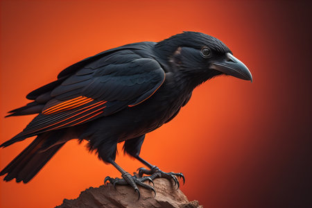 Black crow isolated on orange background. generative aiの素材