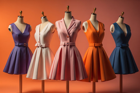 fashionable women's dresses on a mannequin against orange background. generative aiの素材
