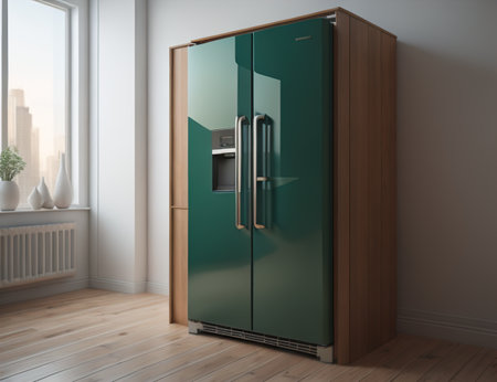 Modern kitchen interior with green refrigerator. generative aiの素材