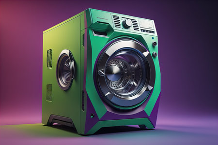 Modern green washing machine on purple background. generative aiの素材
