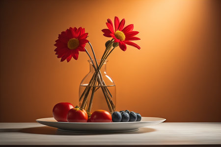 Tomatoes and blueberries in a vase on a wooden table. generative aiの素材