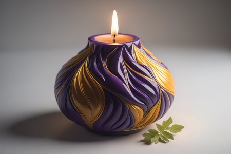 Burning candle in a vase with a green leaf on a gray background. generative aiの素材