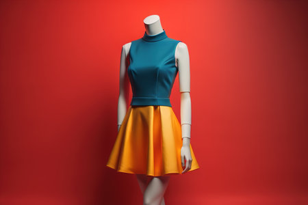 Female mannequin dressed in fashionable clothes. Female mannequin on colored background. generative aiの素材