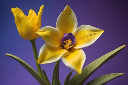 Yellow tulips on a purple background. Close-up. Studio photography. generative aiの素材