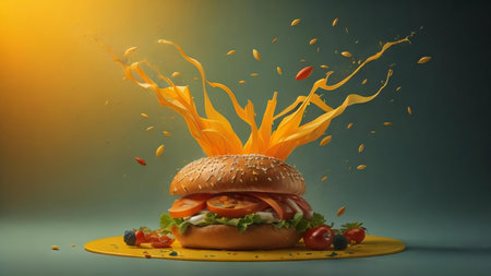 Hamburger with flying ingredients on color background. Fast food concept. generative aiの素材