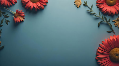 Flowers on blue background. Flat lay, top view, copy spaceの素材