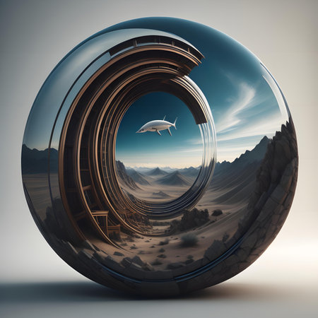 3d rendering of an alien flying saucer above a desert landscapeの素材
