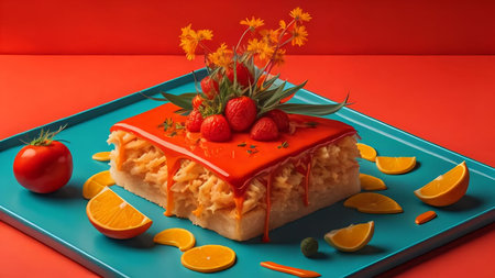 Orange cake with strawberries on a blue plate on a red background. generative aiの素材