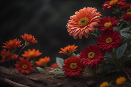 beautiful orange gerbera flowers in the garden with dark background. generative aiの素材