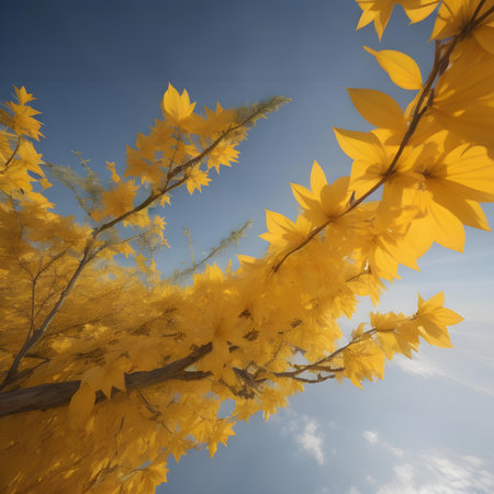 Autumn tree with yellow leaves on blue sky background. Fall concept. generative aiの素材