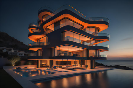 modern architecture by the sea at night. Luxury house on the water. generative aiの素材