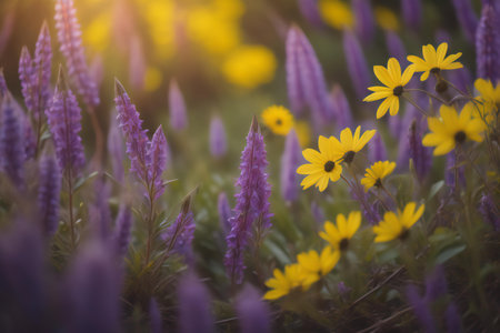 Purple and yellow lupine flowers blooming in the forest. generative aiの素材