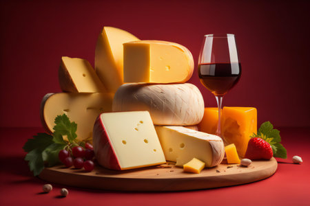 Cheese composition with red wine, grapes and nuts on red background. generative aiの素材