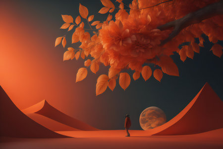a woman standing in front of a surreal landscape with a full moon. generative aiの素材