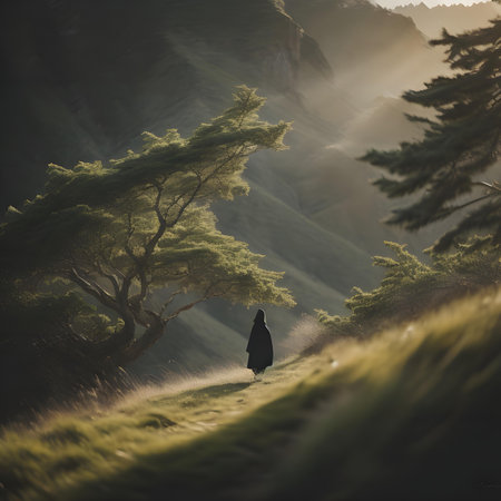 Woman walking in the morning mist in the mountains with a tree in the foreground. generative aiの素材