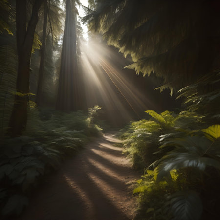 Sun rays through the trees in the forest, generative aiの素材