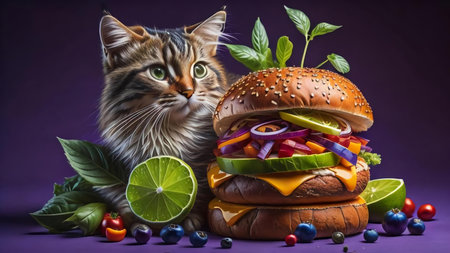 Cat and hamburger with vegetables and fruits on a purple background. generative aiの素材