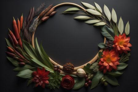 Flower wreath on black background. Flat lay, top view. generative aiの素材
