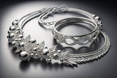 Silver necklace on a solid color background in close-up. ai generativeの素材