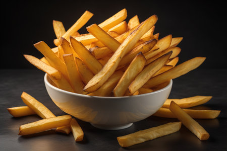 French fries in a bowl on red background. Selective focus. ai generativeの素材