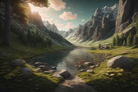 Beautiful fantasy landscape with a river in the mountains. ai generativeの素材