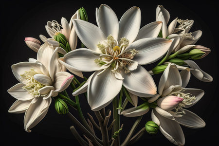 Beautiful white lilies on solid color background, closeup. Floral decor. ai generativeの素材