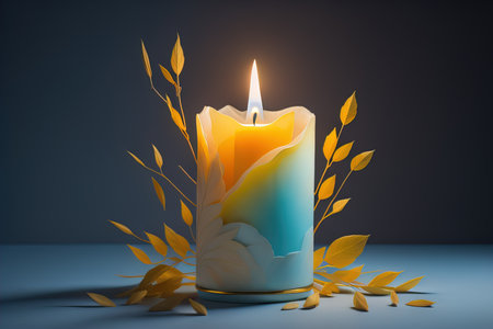Creative burning candle on a wooden background. ai generativeの素材