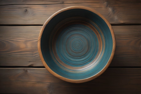 Empty wooden bowl on wooden background. Top view. Copy space. ai generativeの素材