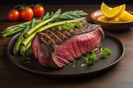 Raw beef sirloin steak with ingredients for cooking on wooden background. ai generativeの素材