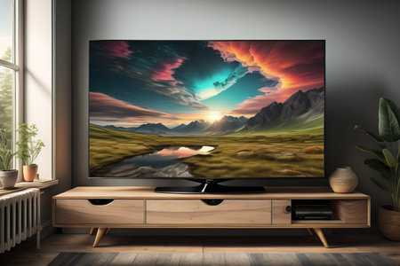 TV on the wooden cabinet in modern living room. ai generativeの素材