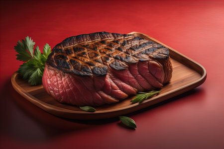 Raw beef sirloin steak with ingredients for cooking on wooden background. ai generativeの素材