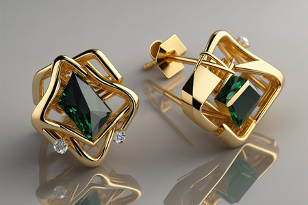 Earrings made of gold on a solid color background close up. ai generativeの素材