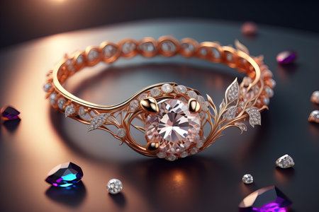 Wedding ring with diamonds on a solid color background. Jewelry. ai generativeの素材