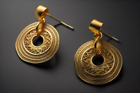 Earrings made of gold on a solid color background close up. ai generativeの素材