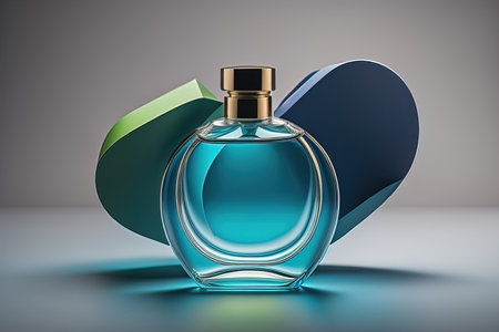 Creative and brandless Perfume bottle and flower on the wooden table, closeup. ai generativeの素材