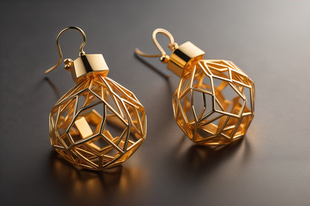 Earrings made of gold on a solid color background close up. ai generativeの素材